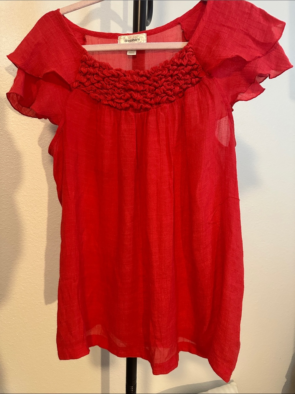 dressbarn Red Smocked Yoke Flutter Sleeve Blouse
